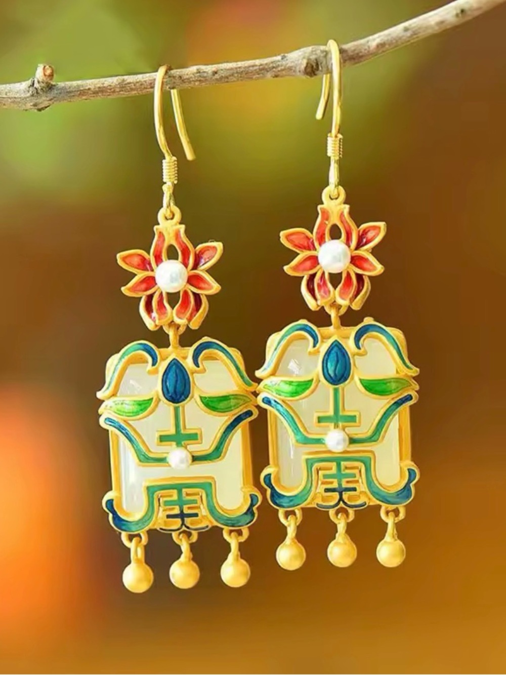 Faux Jade Floral Enamel Drop Earrings with Pearls